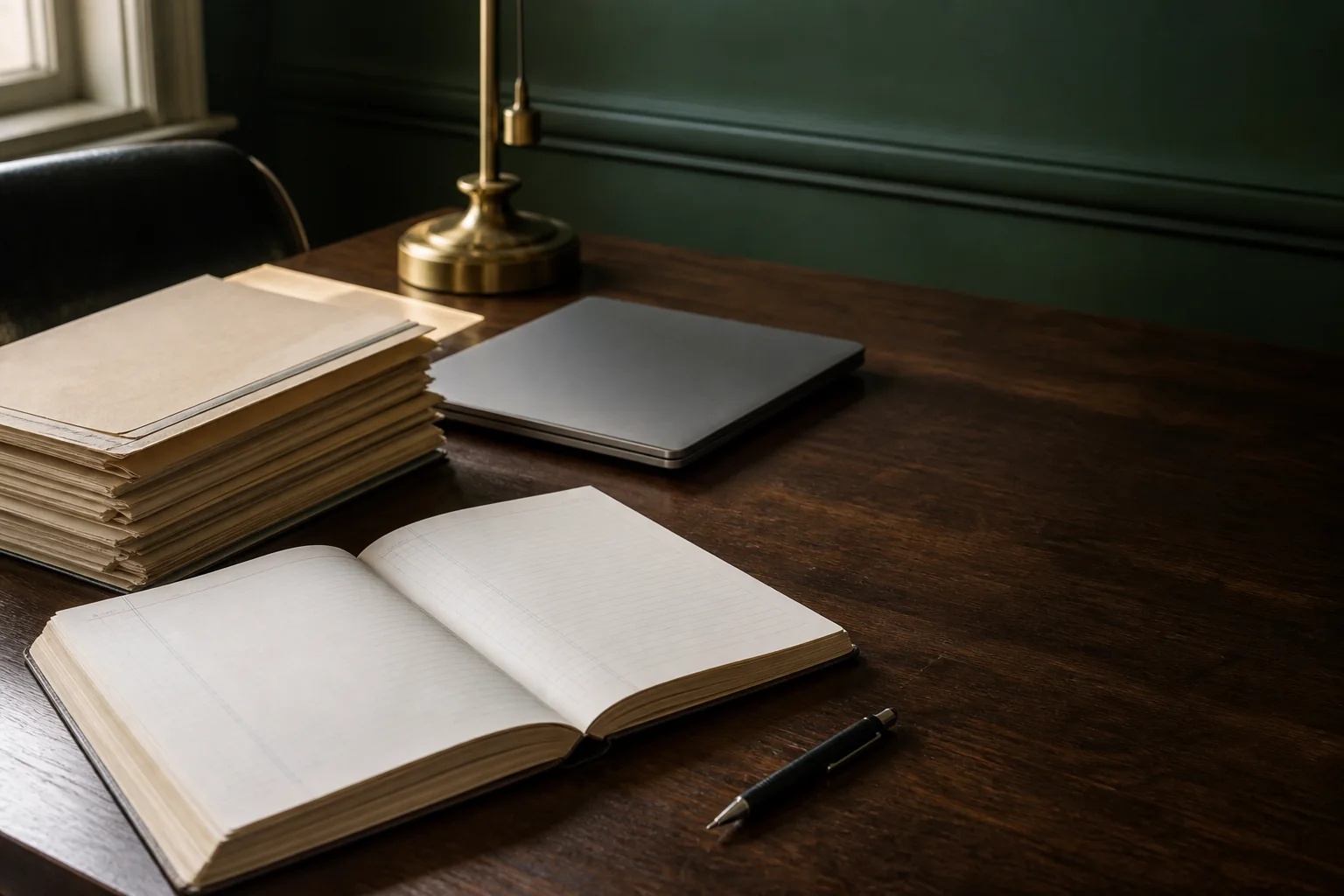 Concept image of an orderly monthly review table with a ledger and document folders