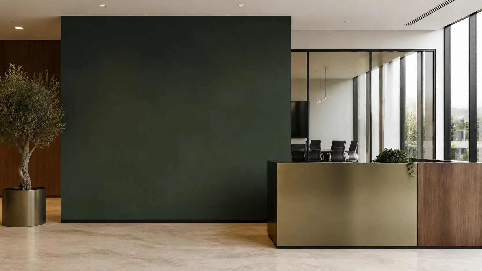 Concept image of a calm green and ivory financial office reception